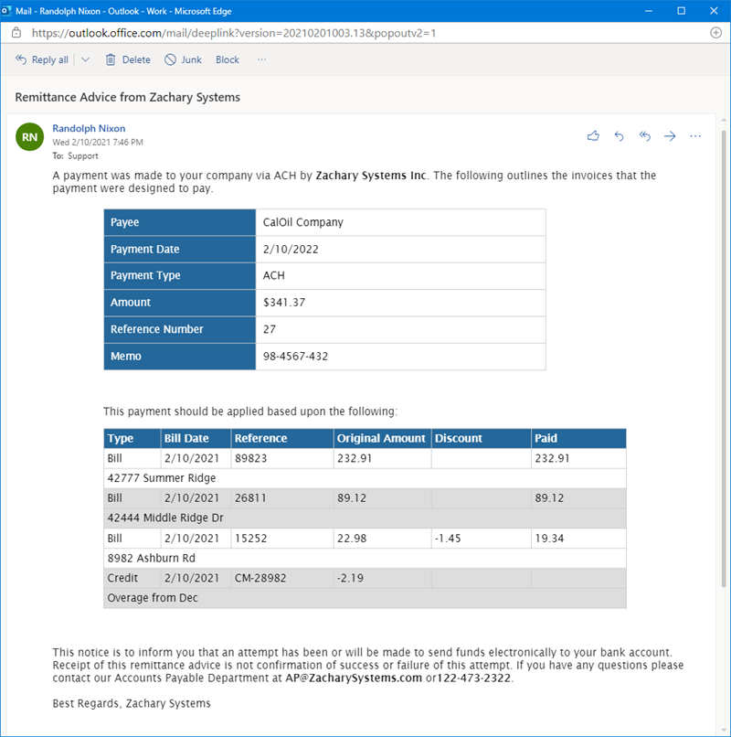 Email Remittance Sample